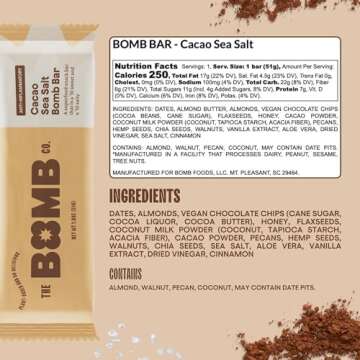The Bomb Co. Blender Bomb Bar, Cacao Sea Salt, Superfood Snack Bar, Antioxidant Supplement, Almond Butter, Hemp Seeds, Chia Seeds, Flax Seeds, Vegan Chocolate Chips, Cacao Powder, Sea Salt, 9 Bars