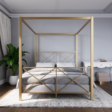 Sturdy Four-Poster Canopy Bed in Elegant Gold Finish