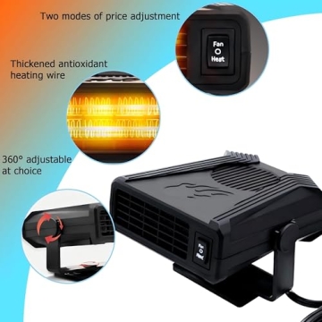 360° Rotatable Car Heater with 12V Cigarette Lighter Plug, Defrost Heat and Cool Windshield Fan Fits for Car SUV CR Truck