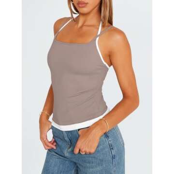 Trendy Queen Women's Camisole Y2K Tops Adjustable Spaghetti Strap Tank Tops Cute Going Out Crop Tops Summer Blouses CoffeeGrey S