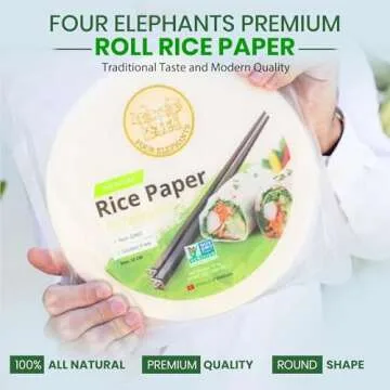 22CM Round Rice Paper Non-GMO | Pack of 1 (12 oz per pack) | Four Elephants Brand | Restaurant Quality Premium Spring Roll | 1 2 3 Seconds & Roll
