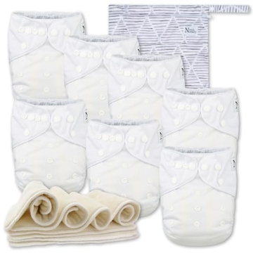 Nora's Nursery Cloth Diapers 7 Pack with 7 Inserts & 1 Wet Bag - Waterproof Cover, Washable, Reusabl...