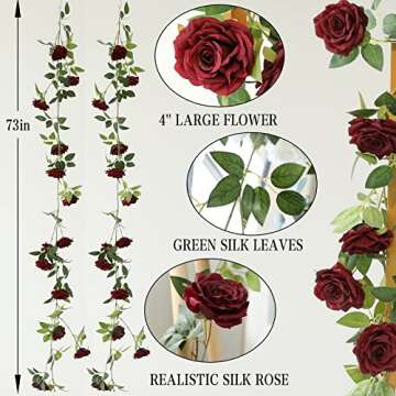 dallisten 2 Strands 73'' Artificial Silk Rose Flower Vines Garland, Fake Roses Floral Green Leaves H...
