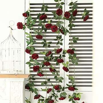 dallisten 2 Strands 73'' Artificial Silk Rose Flower Vines Garland, Fake Roses Floral Green Leaves Hanging Plant for Wedding Arrangement Decoration, Wall, Party, Bedroom, Home Decor (Burgundy)