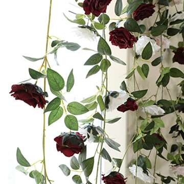 dallisten 2 Strands 73'' Artificial Silk Rose Flower Vines Garland, Fake Roses Floral Green Leaves Hanging Plant for Wedding Arrangement Decoration, Wall, Party, Bedroom, Home Decor (Burgundy)