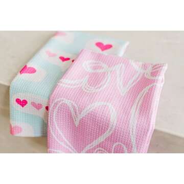 Desert Aqua 2 Pack || Not Your Ordinary Kitchen Towels || Dish Towels || Tea Towels || Waffle Weave Microfiber || Designer Prints || Highly Absorbent || Hanging Hook (Valentine)