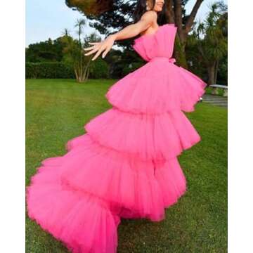 FTBY Women Tiered High Low Prom Dress Bow Sash Tulle Homecoming Pageant Dresses Hot Pink Long 6