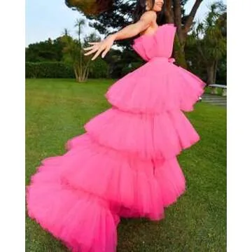FTBY Women Tiered High Low Prom Dress Bow Sash Tulle Homecoming Pageant Dresses Hot Pink Long 6