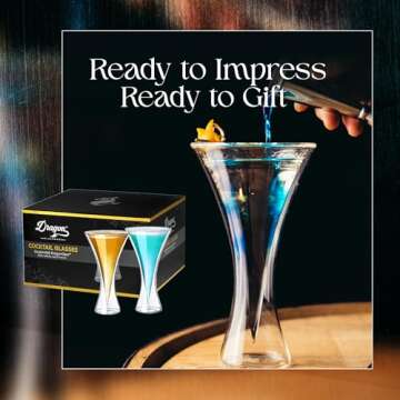 Dragon Glassware Cocktail Glasses - 8 oz Clear Double Wall Insulated Martini Glasses Set of 2 - Keeps Drinks Cold Longer - Unique and Futuristic Cocktail Drinkware Set