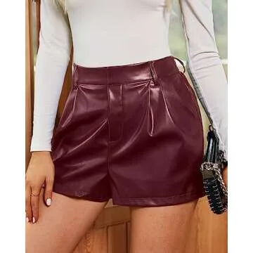 luvamia Faux Leather Shorts for Women High Waist Pleated Wide Leg Stretchy Red Shorts for Women Red Leather Shorts Winter Clothes for Women Ruby Wine Size Medium Fits Size 8 / Size 10