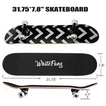 WhiteFang Skateboards for Beginners, Complete Skateboard 31 x 7.88, 7 Layer Canadian Maple Double Kick Concave Standard and Tricks Skateboards for Kids and Beginners (Arrow)