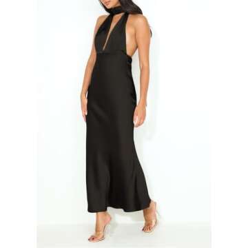 Summer Satin Halter Deep V Neck Backless Maxi Dresses for Women 2024 Silky Sleeveless Open Back Wedding Guest Long Dress Black