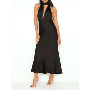 Summer Satin Halter Deep V Neck Backless Maxi Dresses for Women 2024 Silky Sleeveless Open Back Wedding Guest Long Dress Black