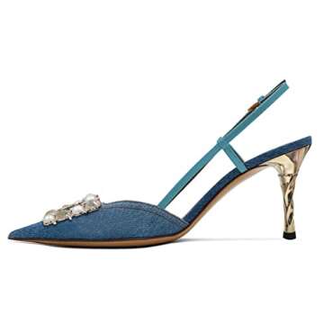 YDN Women Gold Mid Heel Slingback Sandals Rhinestone Pointed Toe Pumps Fashion Denim Dress Party Shoes Size 4 Blue Strap