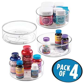 mDesign Deep Plastic Spinning Lazy Susan Turntable Storage Bin - Rotating Organizer for Vitamins, Supplements, Serums, Essential Oils, Medical Supplies, First Aid Supplies - 9" Round, 4 Pack - Clear