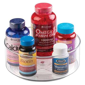 mDesign Deep Plastic Spinning Lazy Susan Turntable Storage Bin - Rotating Organizer for Vitamins, Supplements, Serums, Essential Oils, Medical Supplies, First Aid Supplies - 9" Round, 4 Pack - Clear