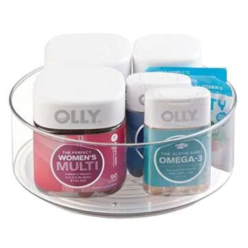 mDesign Deep Plastic Spinning Lazy Susan Turntable Storage Bin - Rotating Organizer for Vitamins, Supplements, Serums, Essential Oils, Medical Supplies, First Aid Supplies - 9" Round, 4 Pack - Clear