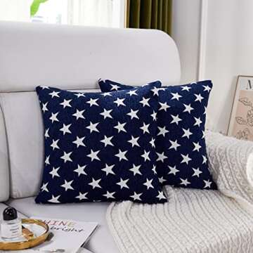 Sunday Praise Set of 2 Soft Chenille Decorative Patriotic Throw Pillow Cover Case Geometric Stars July 4th Accent Square Cushion Cover Case Sham for Couch Sofa Bed Car 18 x 18 Inch 45x45 cm (Blue)