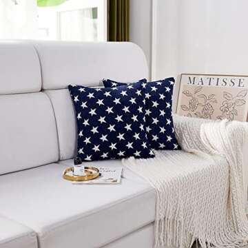 Sunday Praise Set of 2 Soft Chenille Decorative Patriotic Throw Pillow Cover Case Geometric Stars July 4th Accent Square Cushion Cover Case Sham for Couch Sofa Bed Car 18 x 18 Inch 45x45 cm (Blue)