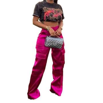 NRTHYE Satin Cargo Pant for Women High Waist Long Silk Cargo Pants Trousers Casual Wide Leg Pants