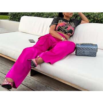 NRTHYE Satin Cargo Pant for Women High Waist Long Silk Cargo Pants Trousers Casual Wide Leg Pants