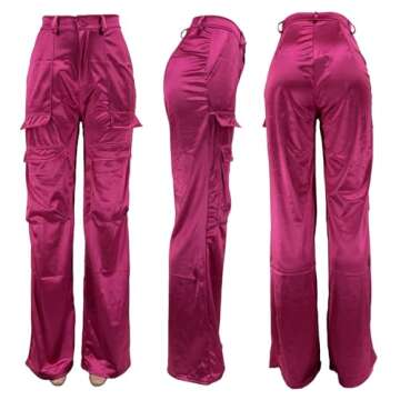 NRTHYE Satin Cargo Pant for Women High Waist Long Silk Cargo Pants Trousers Casual Wide Leg Pants