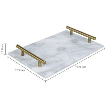 MyGift 12-Inch White Marble Stone Serving Cheese Tray/Decorative Vanity Jewelry, Makeup, Perfume Tray with Vintage Brass Metal Handles
