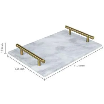 MyGift 12-Inch White Marble Stone Serving Cheese Tray/Decorative Vanity Jewelry, Makeup, Perfume Tray with Vintage Brass Metal Handles