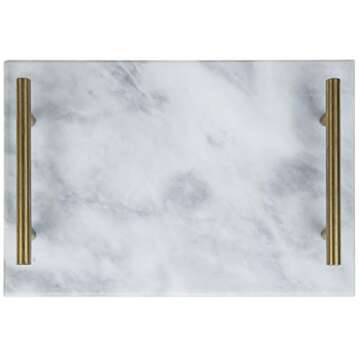 MyGift 12-Inch White Marble Stone Serving Cheese Tray/Decorative Vanity Jewelry, Makeup, Perfume Tray with Vintage Brass Metal Handles