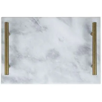 MyGift 12-Inch White Marble Stone Serving Cheese Tray/Decorative Vanity Jewelry, Makeup, Perfume Tray with Vintage Brass Metal Handles
