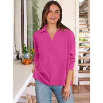 ANRABESS Women Long Sleeve Polo Shirts Casual V Neck Collared Boxy Fit Dressy Work Blouse Top Spring Outfits Hot Pink M