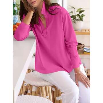 ANRABESS Women Long Sleeve Polo Shirts Casual V Neck Collared Boxy Fit Dressy Work Blouse Top Spring Outfits Hot Pink M