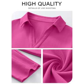 ANRABESS Women Long Sleeve Polo Shirts Casual V Neck Collared Boxy Fit Dressy Work Blouse Top Spring Outfits Hot Pink M