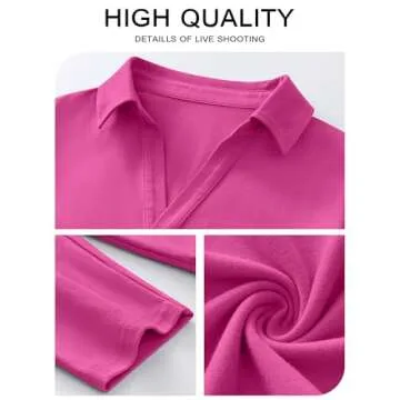 ANRABESS Women Long Sleeve Polo Shirts Casual V Neck Collared Boxy Fit Dressy Work Blouse Top Spring Outfits Hot Pink M