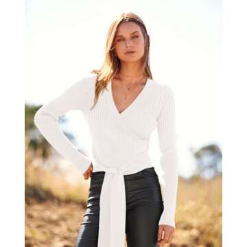 BTFBM Women Wrap Deep V Neck Cropped Sweaters Long Sleeve High Waist Tie Front Slim Fit Ribbed Knit Pullover Sweater Top(Solid Beige White, Medium)