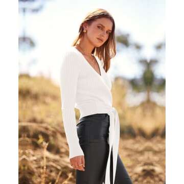 BTFBM Women Wrap Deep V Neck Cropped Sweaters Long Sleeve High Waist Tie Front Slim Fit Ribbed Knit Pullover Sweater Top(Solid Beige White, Medium)