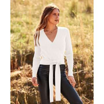BTFBM Women Wrap Deep V Neck Cropped Sweaters Long Sleeve High Waist Tie Front Slim Fit Ribbed Knit Pullover Sweater Top(Solid Beige White, Medium)