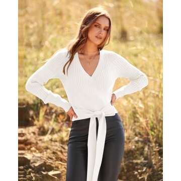 BTFBM Women Wrap Deep V Neck Cropped Sweaters Long Sleeve High Waist Tie Front Slim Fit Ribbed Knit Pullover Sweater Top(Solid Beige White, Medium)