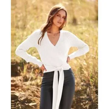 BTFBM Women Wrap Deep V Neck Cropped Sweaters Long Sleeve High Waist Tie Front Slim Fit Ribbed Knit Pullover Sweater Top(Solid Beige White, Medium)