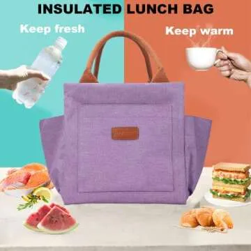 Joymee Lunch Bag Women Insulated Lunch Box Reusable Leakproof Large Spacious Cooler Tote for Women Men Adult with Bottle Holder and Side Pockets for Work Office Travel Picnic - Purple