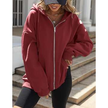Zeagoo Red Oversize Sweatshirts For Women Lightweight Fleece Hoodies Plain Long Sleeve Fuzzy Fall Jackets