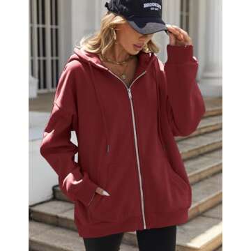 Zeagoo Red Oversize Sweatshirts For Women Lightweight Fleece Hoodies Plain Long Sleeve Fuzzy Fall Jackets