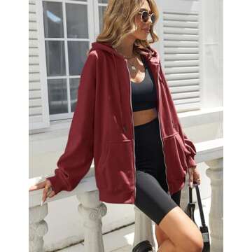 Zeagoo Red Oversize Sweatshirts For Women Lightweight Fleece Hoodies Plain Long Sleeve Fuzzy Fall Jackets