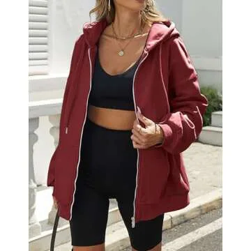 Zeagoo Red Oversize Sweatshirts For Women Lightweight Fleece Hoodies Plain Long Sleeve Fuzzy Fall Jackets