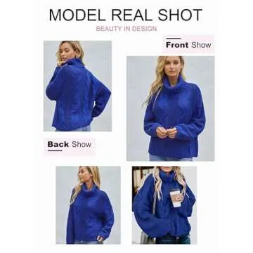 Dokotoo Women Winter Autumn Turtleneck Cowl Neck High Neck Turtleneck Cowl Neck Long Sleeve Cable Knit Chunky Sweaters Pullover Outerwear Clothes Blue XS