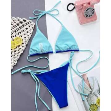 Kemoo Bikini Set Triangle Contrast Binding Brazilian Swimwear Two Pieces Swimsuit Padded Thong Bathing Suits Blue