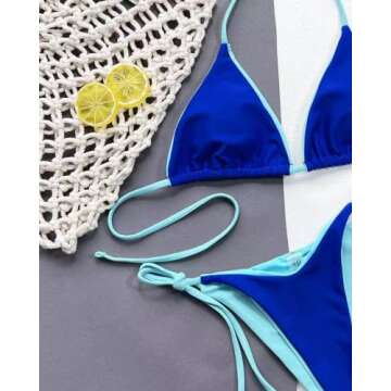 Kemoo Bikini Set Triangle Contrast Binding Brazilian Swimwear Two Pieces Swimsuit Padded Thong Bathing Suits Blue