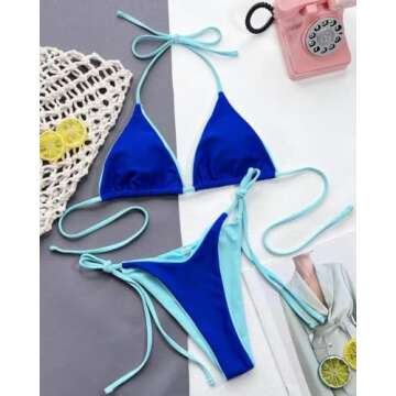 Kemoo Bikini Set Triangle Contrast Binding Brazilian Swimwear Two Pieces Swimsuit Padded Thong Bathing Suits Blue