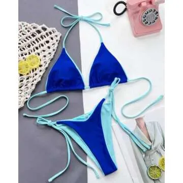 Kemoo Bikini Set Triangle Contrast Binding Brazilian Swimwear Two Pieces Swimsuit Padded Thong Bathing Suits Blue