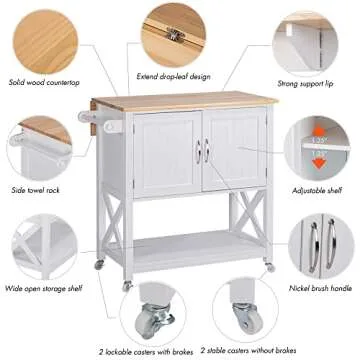 Spirich Kitchen Island on Wheels, Rolling Kitchen Cart with Storage Cabinet, Small Kitchen Island with Drop Leaf and Towel Rack for Dining Room, White